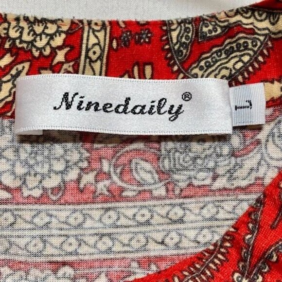 Ninedaily 3/4 Sleeve Blouse Women's Large Red Tan Paisley 1/2 Zip Casual Tunic - Picture 5 of 6